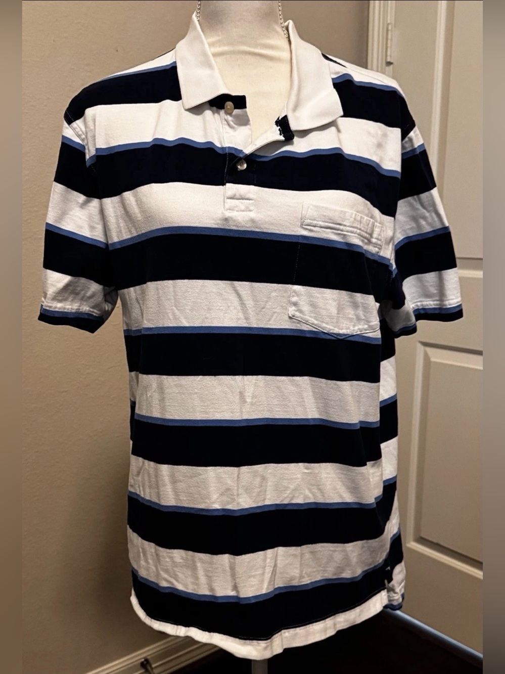 St. John's Bay Men’s Blue And White Striped Polo Size L
